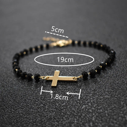 Gold Rosary Sideways Cross Bracelet with Black Beads