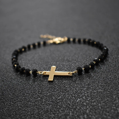 Gold Rosary Sideways Cross Bracelet with Black Beads