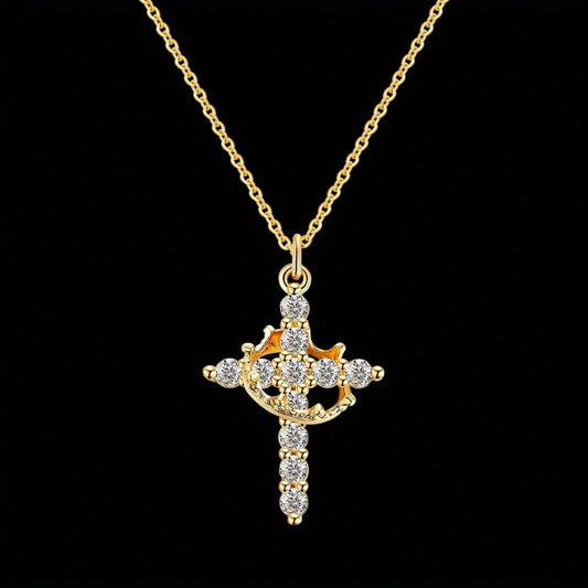 Cross Border Fashion Stainless Steel Crown Cross Pendant Necklace Rotatable Full Zircon Cross Zirconium Necklace Wholesale