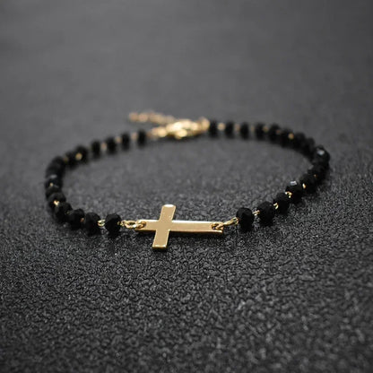 Gold Rosary Sideways Cross Bracelet with Black Beads