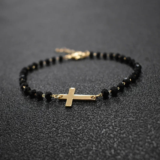 Gold Rosary Sideways Cross Bracelet with Black Beads