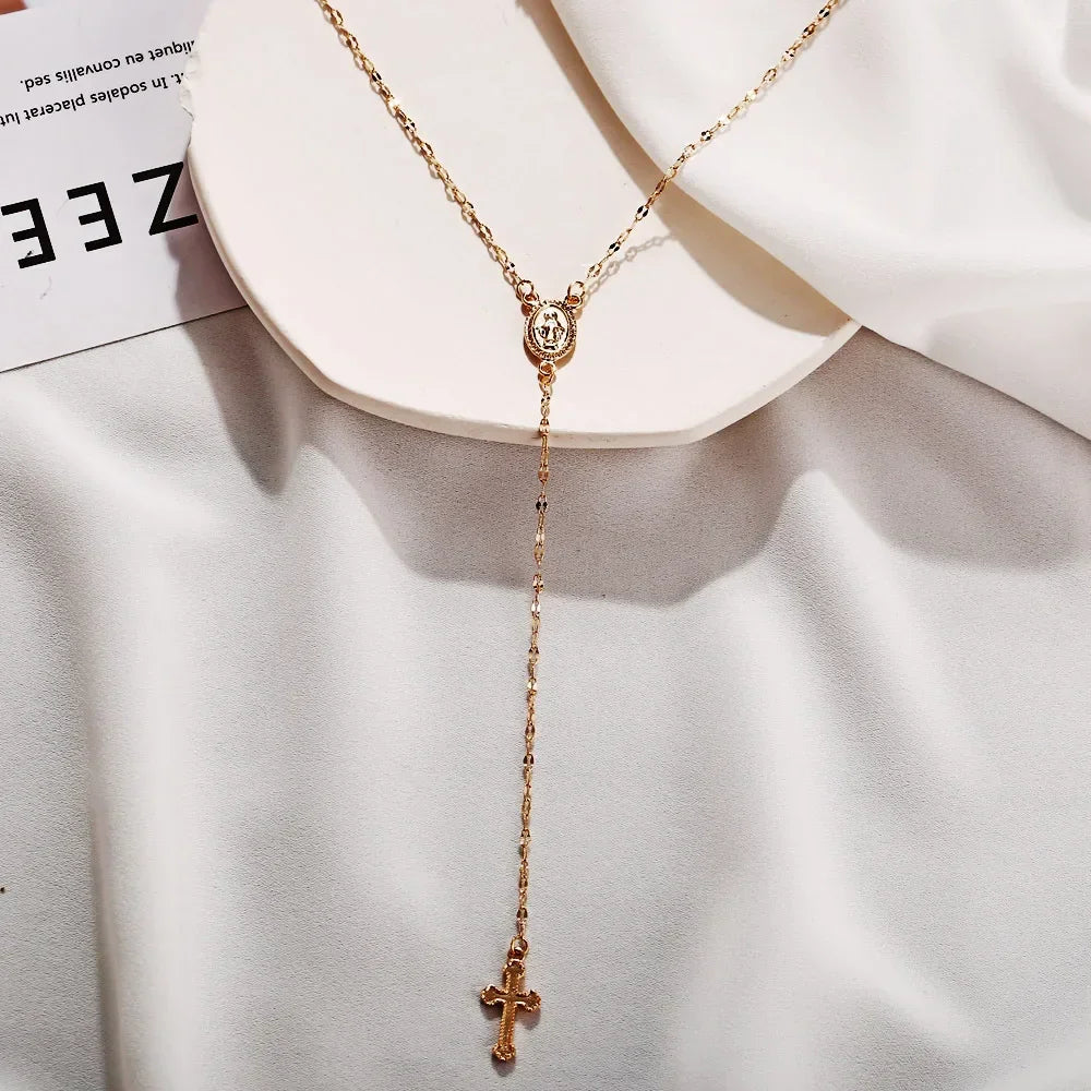 Boho Religious Vintage Christian Cross Rosary Necklace - Blessings is Here