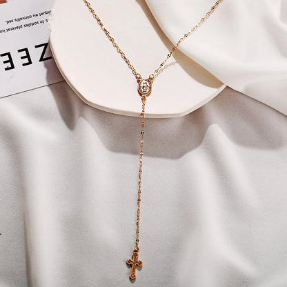 Boho Religious Vintage Christian Cross Rosary Necklace