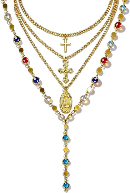 Layered Cross Necklaces for Women Trendy, Bohemian Bead Pearl Y Long Pendant Necklace Set, Vintage Rosary Necklace Adjustable