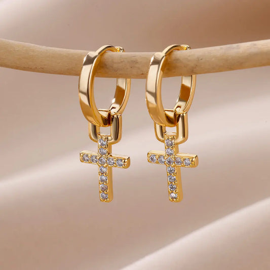 Stainless Steel Zircon Cross Dangle Christian Earrings
