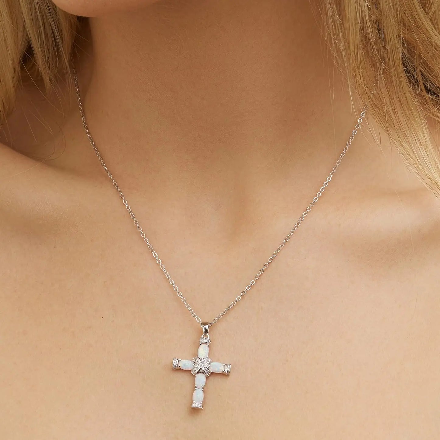 Created Opal Cross with Chain Necklaces Pendants Women Men Cubic Zirconia Cross Necklace for Women Cross Faith Pendant - Blessings is Here