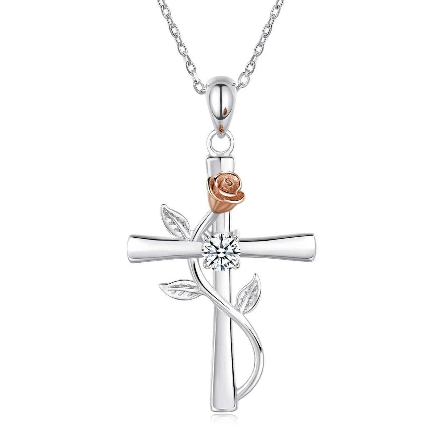 Exquisite Rose Cross Shaped Zircon Necklace for Women Fashion Flower Cross Pendant Clavicle Chain DIY Jewelry Accessories Gift