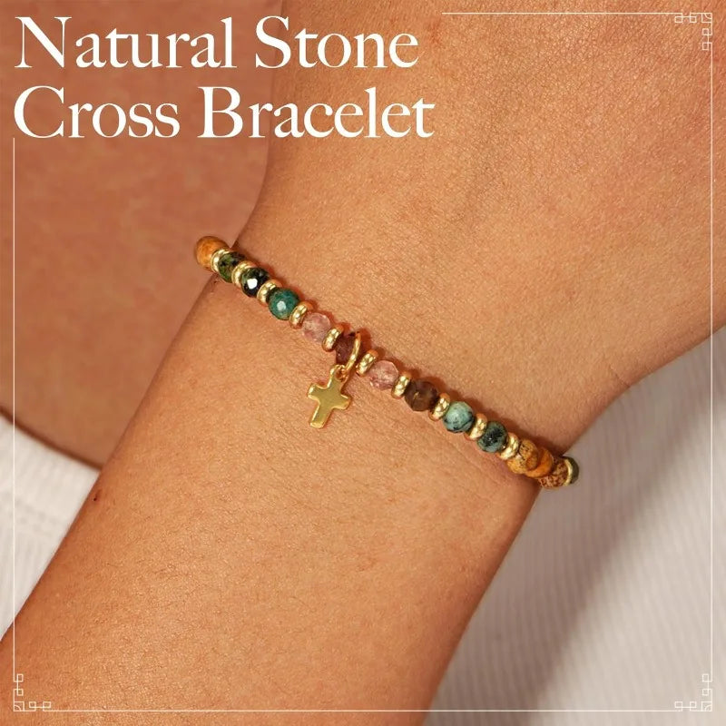 Christian Gifts for Women, Natural Stone Beaded Bracelets, Dainty Trendy Cross Inspirational Religious Jewelry Gifts