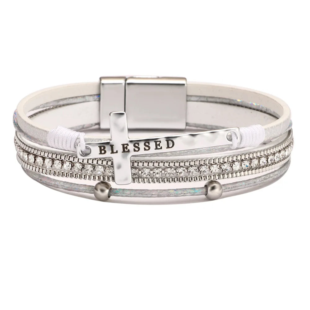 Blessed Cross PU Leather Bracelet – Bohemian Christian Rhinestone Wrap Bracelet for Women | Vintage Faith Jewelry Gift | Blessings Is Here