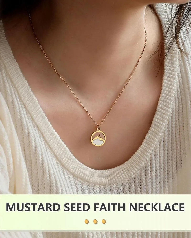 14KGold Stainless Steel Moving Mountains-Mustard Seed Faith Pendant Necklaces for Women Men Boys Teens Girls Christmas Gifts - Blessings is Here