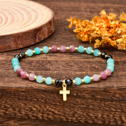 4mm Natural Stones Lapis Garnet and Aquamarine Faceted Beads with Brass Cross Charm Stretchable Bohemian Bracelet for Women Men - Blessings is Here