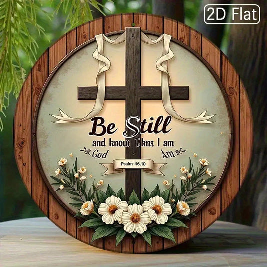 2D Flat, 1pc Vintage Wooden Wall Art Sign - 20.32x20.32 cm Round Rustic Cross with Inspirational Bible Verse (Psalm 46:10) - Flo