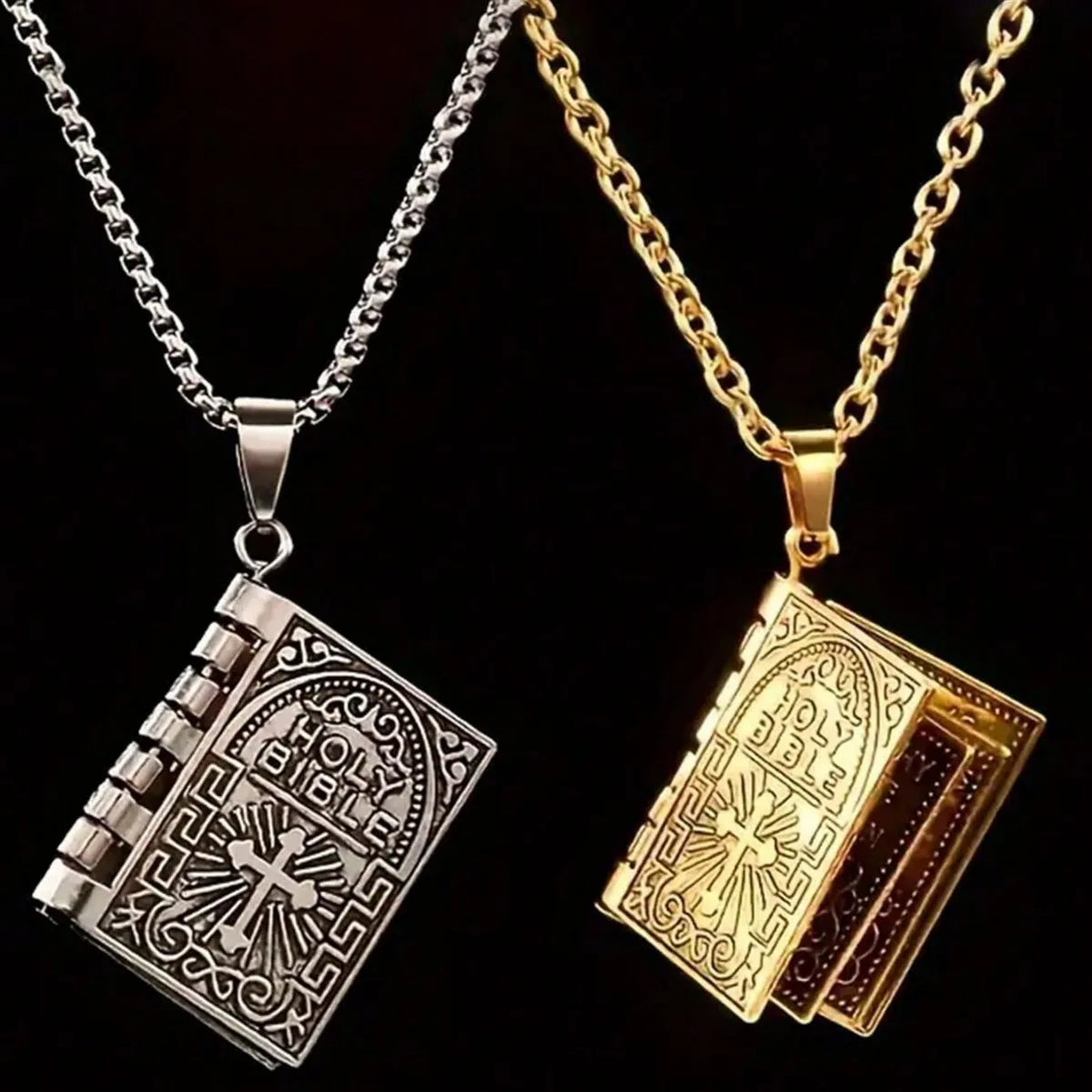 1 pc Vintage Holy Bible Pendant Necklace for Men &amp; Women – Polished Alloy Christian Cross Book Necklace, Opening Bible Locket Pendant, Gold &amp; Silver Religious Jewelry Gift
