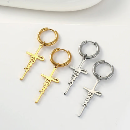 Cross Charm Dangle Earrings Ichthys Jesus Fish Christian Symbol Hoop Earrings Stainless Steel Catholic Amulet
