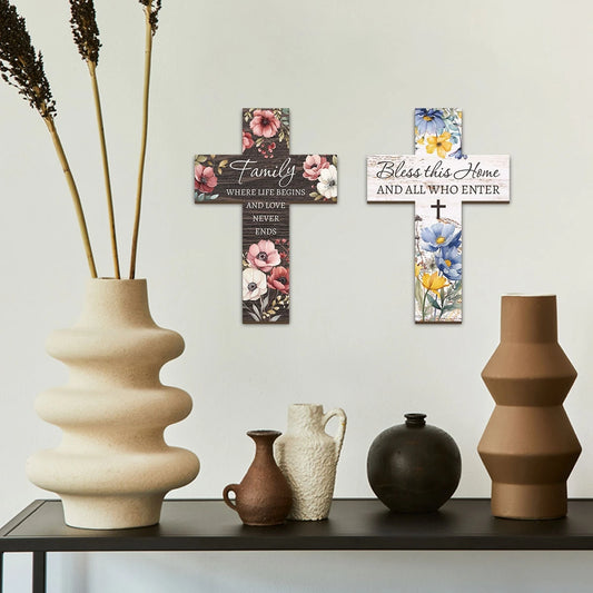 2D 12in Rustic Wooden Cross Wall Decoration Christian Prayer Room Home Decor Gift Farmhouse Style Handmade Wood Art Gifts