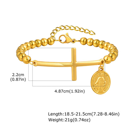 Vnox Saint Benedict Cross Bracelets,Stainless Steel Bead Chain Stretch Strand Bracelets For Women Men,Religion Jewelry Christ - Blessings is Here