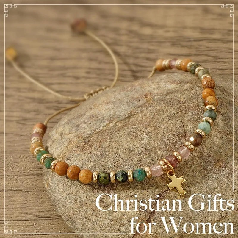 Christian Gifts for Women, Natural Stone Beaded Bracelets, Dainty Trendy Cross Inspirational Religious Jewelry Gifts