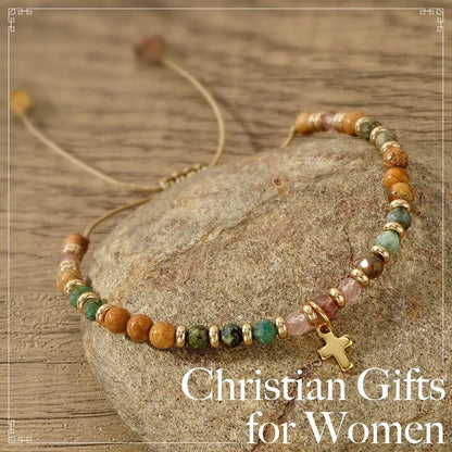 Christian Gifts for Women, Natural Stone Beaded Bracelets, Dainty Trendy Cross Inspirational Religious Jewelry Gifts