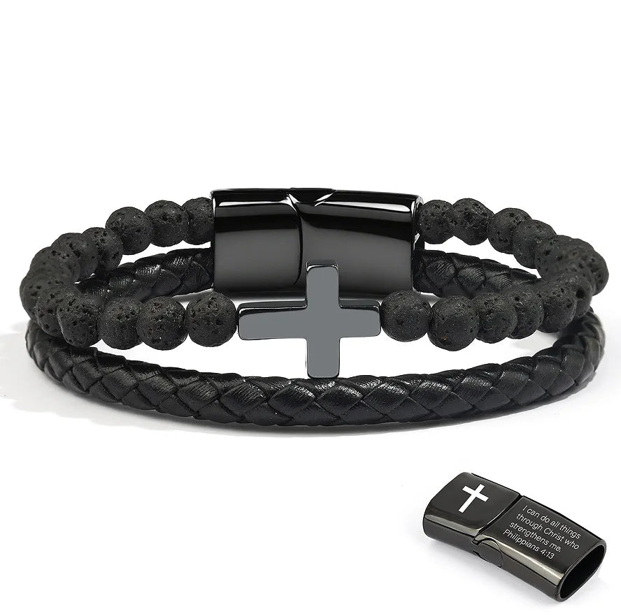 Mens Double-Row Black Braided Leather Bracelets Stainless Steel Cross Jewelry With Onyx Beads Bracelets For Dad,Sons - Blessings is Here