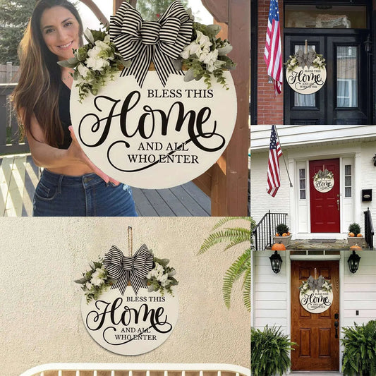 Pring Wreath Home Wooden Plaque Decoration Welcome Doorplate Simulation Flower Front Door Logo Welcome Door Signs For Home
