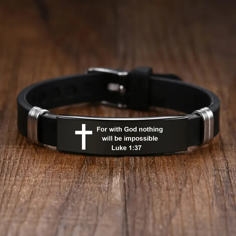 Christian Bible Verse Black Stainless Steel Cross Bracelet - Blessings is Here