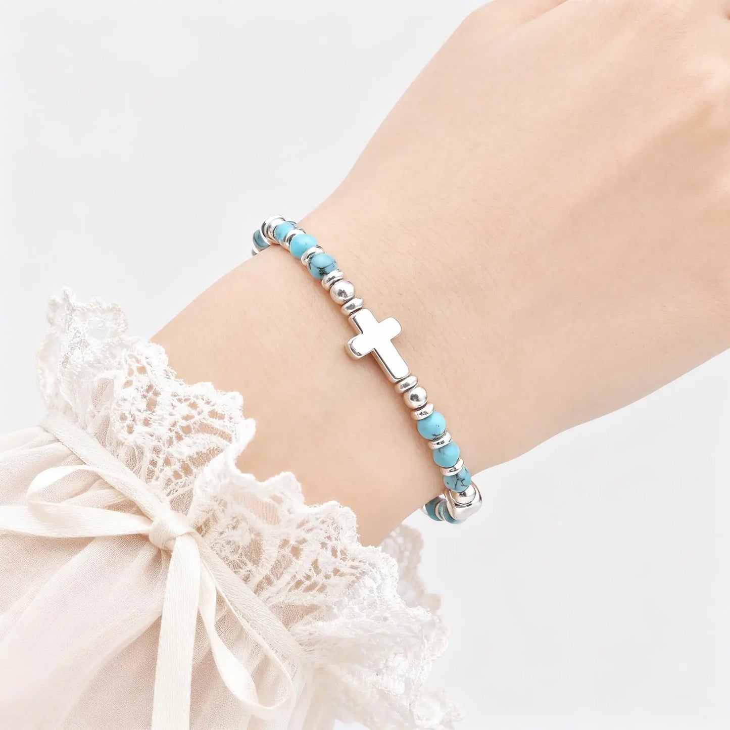 Christian Baptism Religious Beaded Cross Bracelet for Women Pink Crystal Beads Chain Bracelets Christian Easter Jewelry Gift
