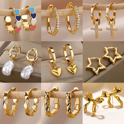 Stainless Steel Gold Heart Zircon Hoop Earrings