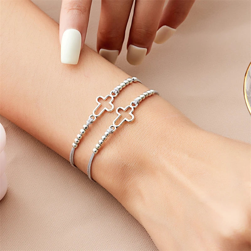 2Pcs/Set New Simple Cross Braided Bracelet for Women Men Handmade Adjustable Friendship Couple Bracelet Christian Prayer Jewelry