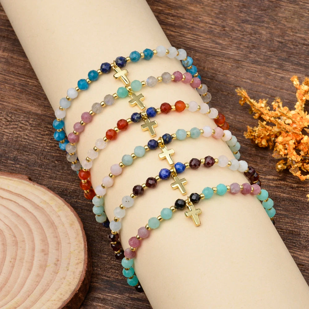 4mm Natural Stones Lapis Garnet and Aquamarine Faceted Beads with Brass Cross Charm Stretchable Bohemian Bracelet for Women Men - Blessings is Here