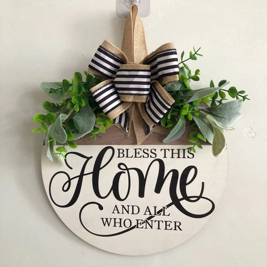 Round Flower Wreath Wooden Welcome Hanging Ornament For Front Door Outdoor Fall Decor Welcome Bow Knot Christmas Decoration