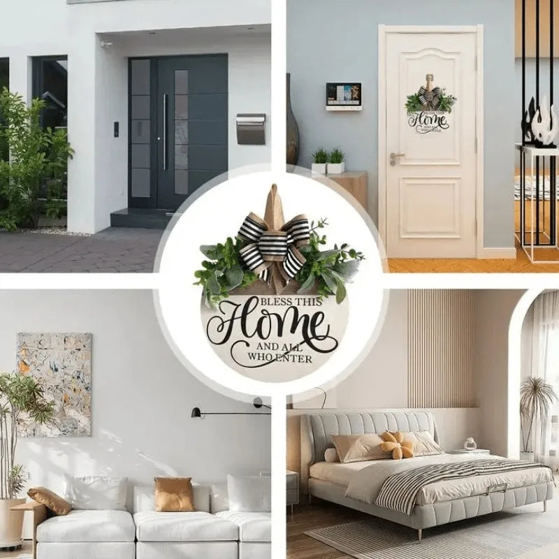 Round Flower Wreath Wooden Welcome Hanging Ornament For Front Door Outdoor Fall Decor Welcome Bow Knot Christmas Decoration