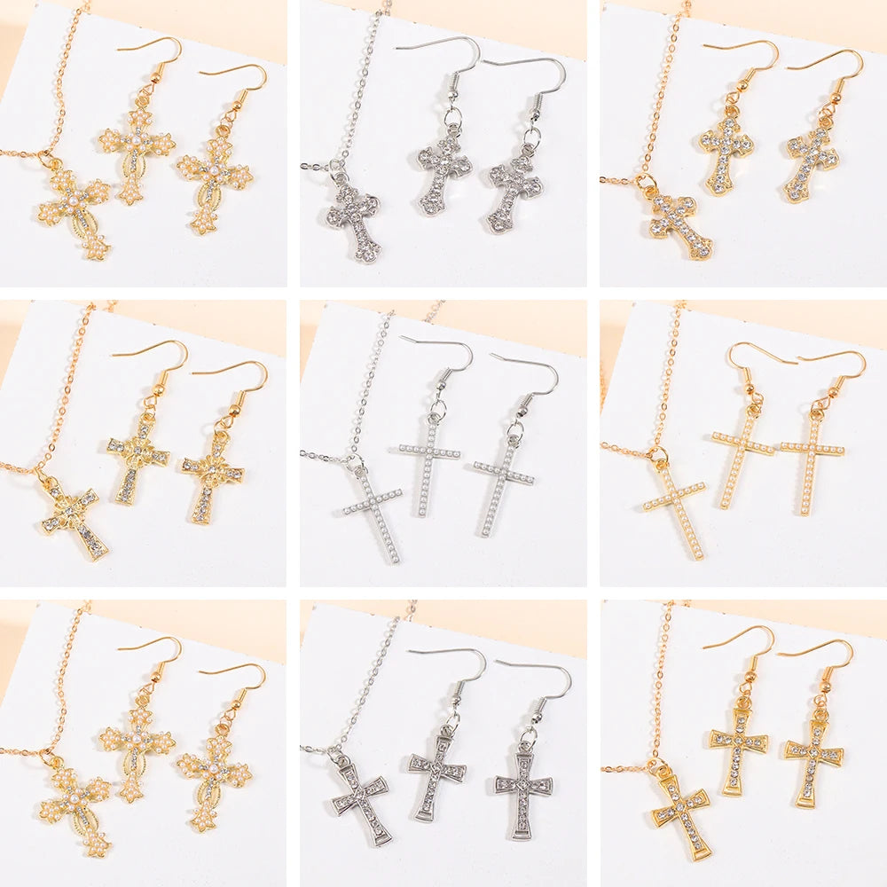 Fashion Rhinestones Cross Charms Necklace Earrings Jewelry Set Trend Personality Pearl Crucifix Jewelry For Friend Gifts - Blessings is Here