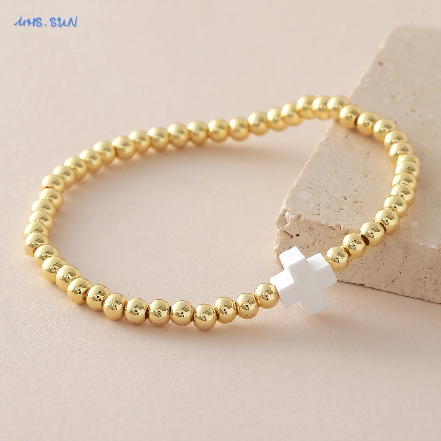 Gold Beaded Cross Bracelet, Christian Bracelet for Women and Men, Faith Jewelry, Inspirational Religious Gift