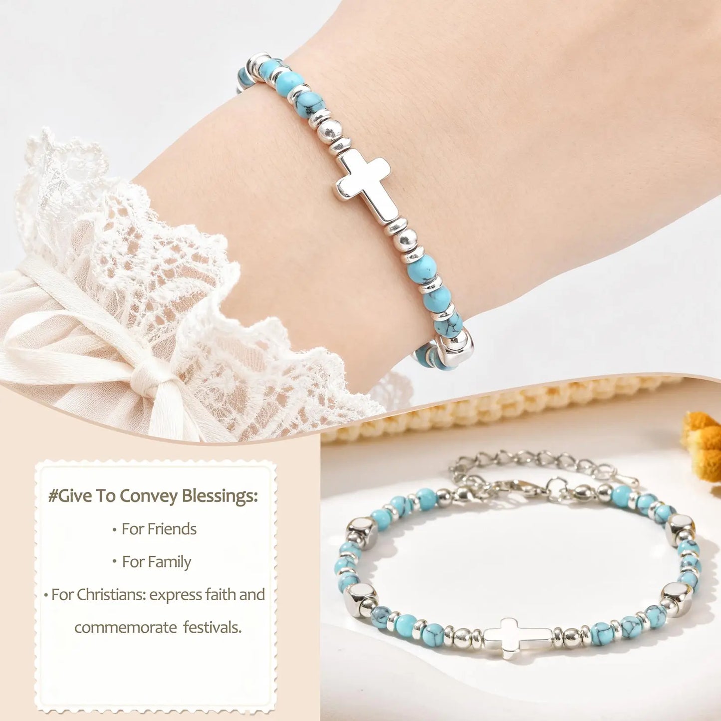 Christian Baptism Religious Beaded Cross Bracelet for Women Pink Crystal Beads Chain Bracelets Christian Easter Jewelry Gift