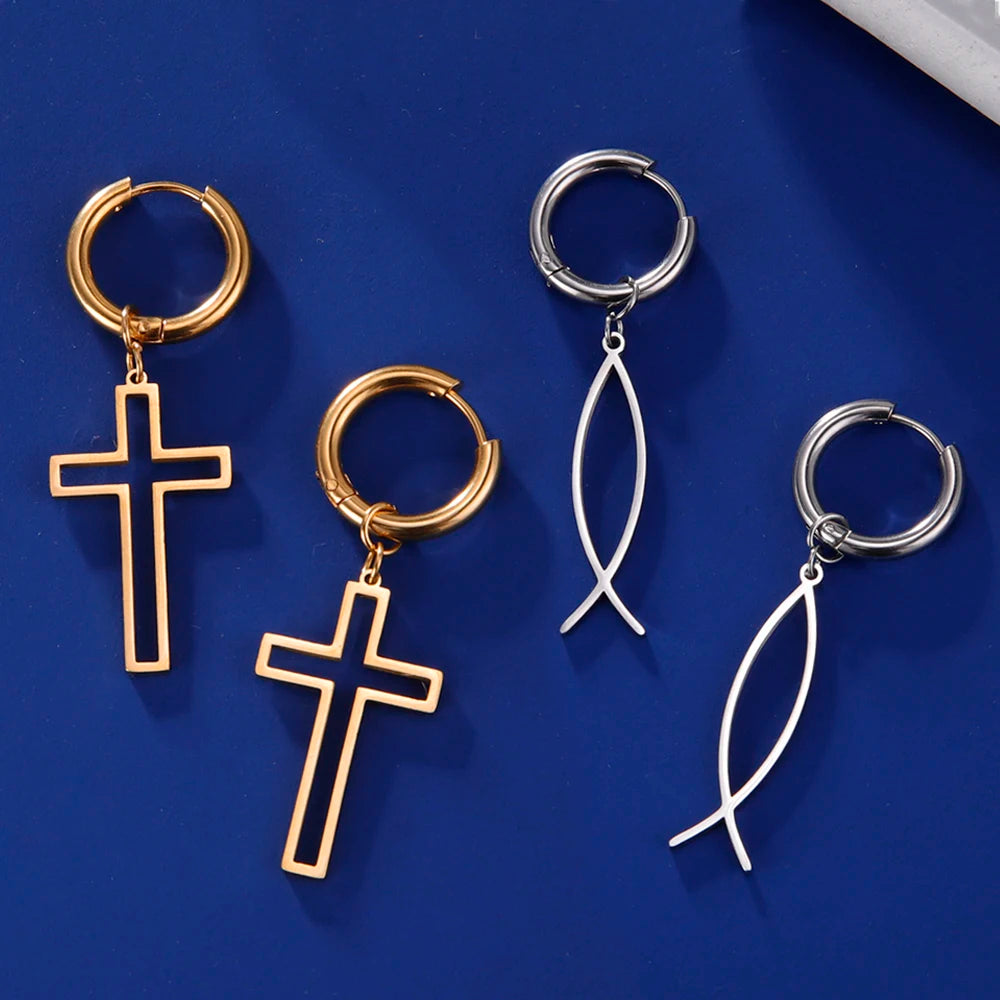 Cross Charm Dangle Earrings Ichthys Jesus Fish Christian Symbol Hoop Earrings Stainless Steel Catholic Amulet
