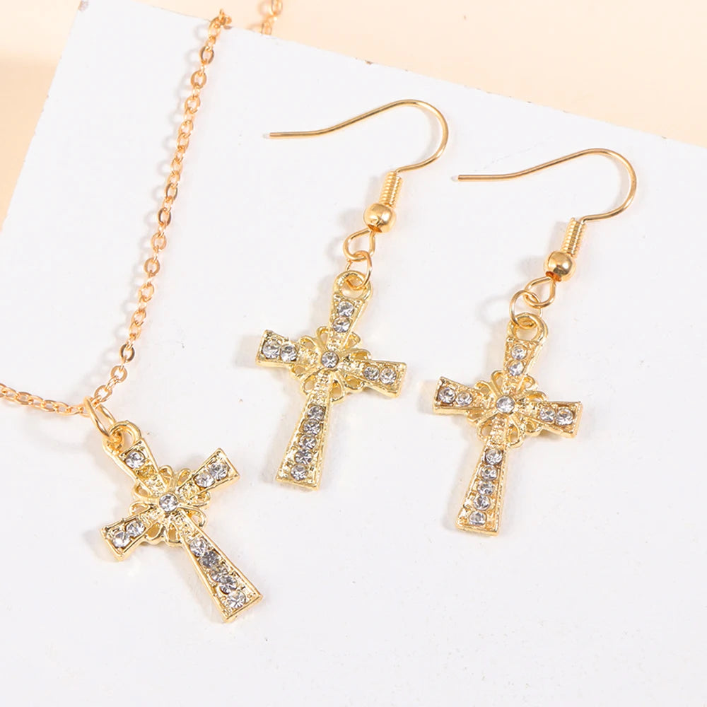Fashion Rhinestones Cross Charms Necklace Earrings Jewelry Set Trend Personality Pearl Crucifix Jewelry For Friend Gifts - Blessings is Here