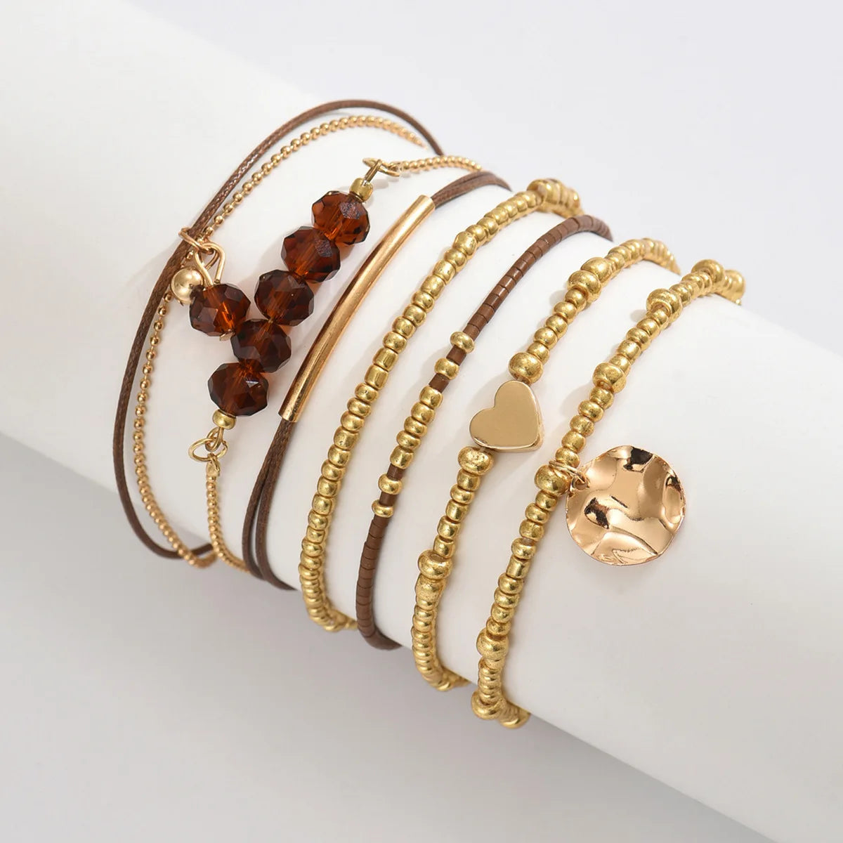 7PCS Boho Heart Beaded Bracelet Set for Women | Gold Tone Layered Stretch Bracelets with Heart Charm | Stackable Bohemian Jewelry Gift for Her