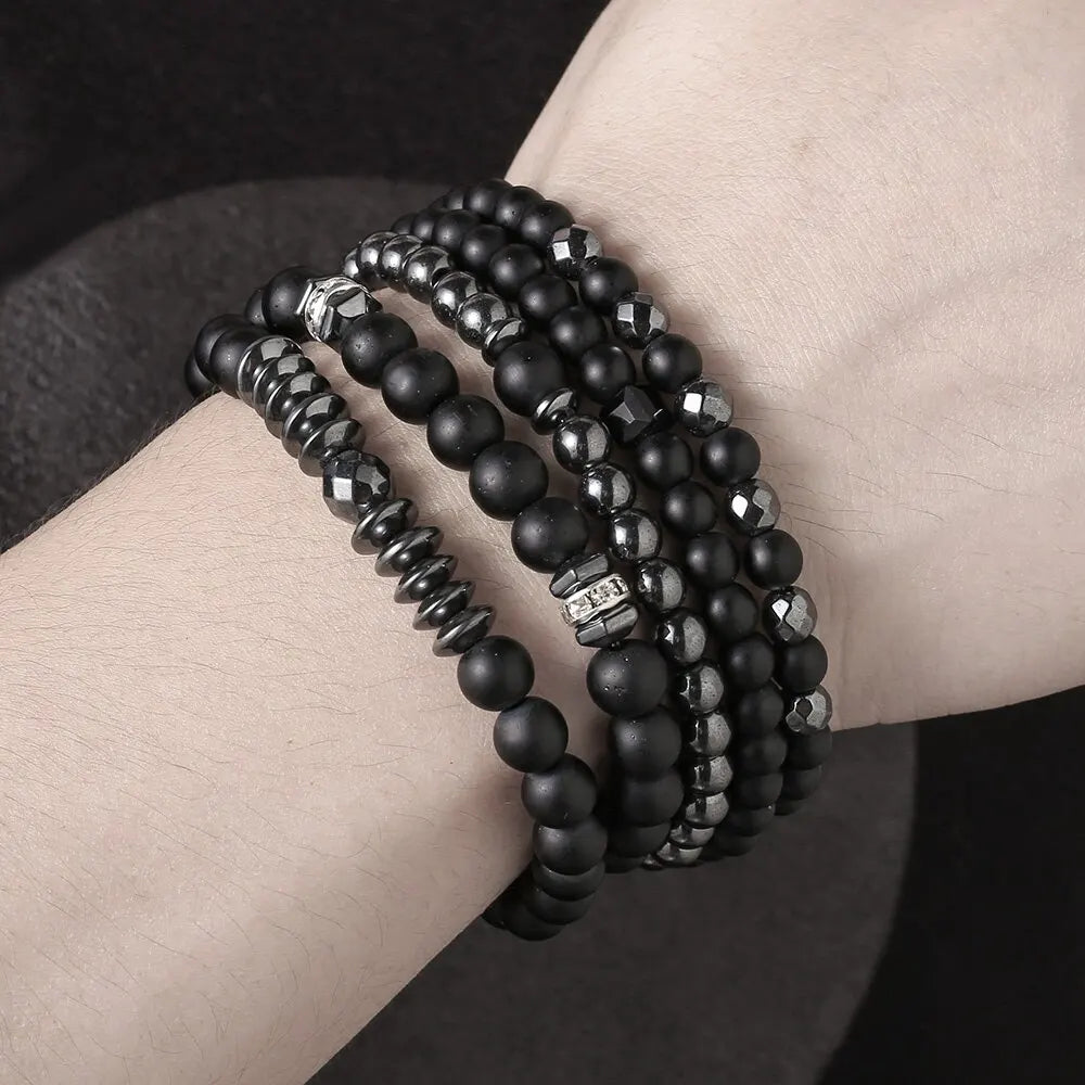 5PCS Natural Stone Beaded Bracelet Set for Men & Women – Multi-Layer Matte Black Lava Stone Stretch Bracelets | Couples Friendship Jewelry Gift