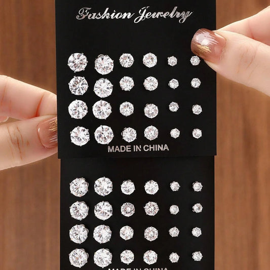 12-Pair Zirconia Stud Earring Set