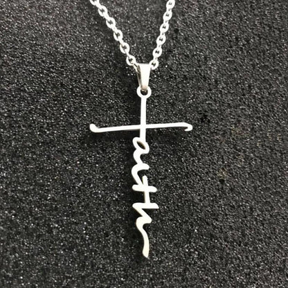 Faith Letter Cross Pendant Necklace for Women Men Christian Stainless Steel Jewelry Gifts - Blessings is Here
