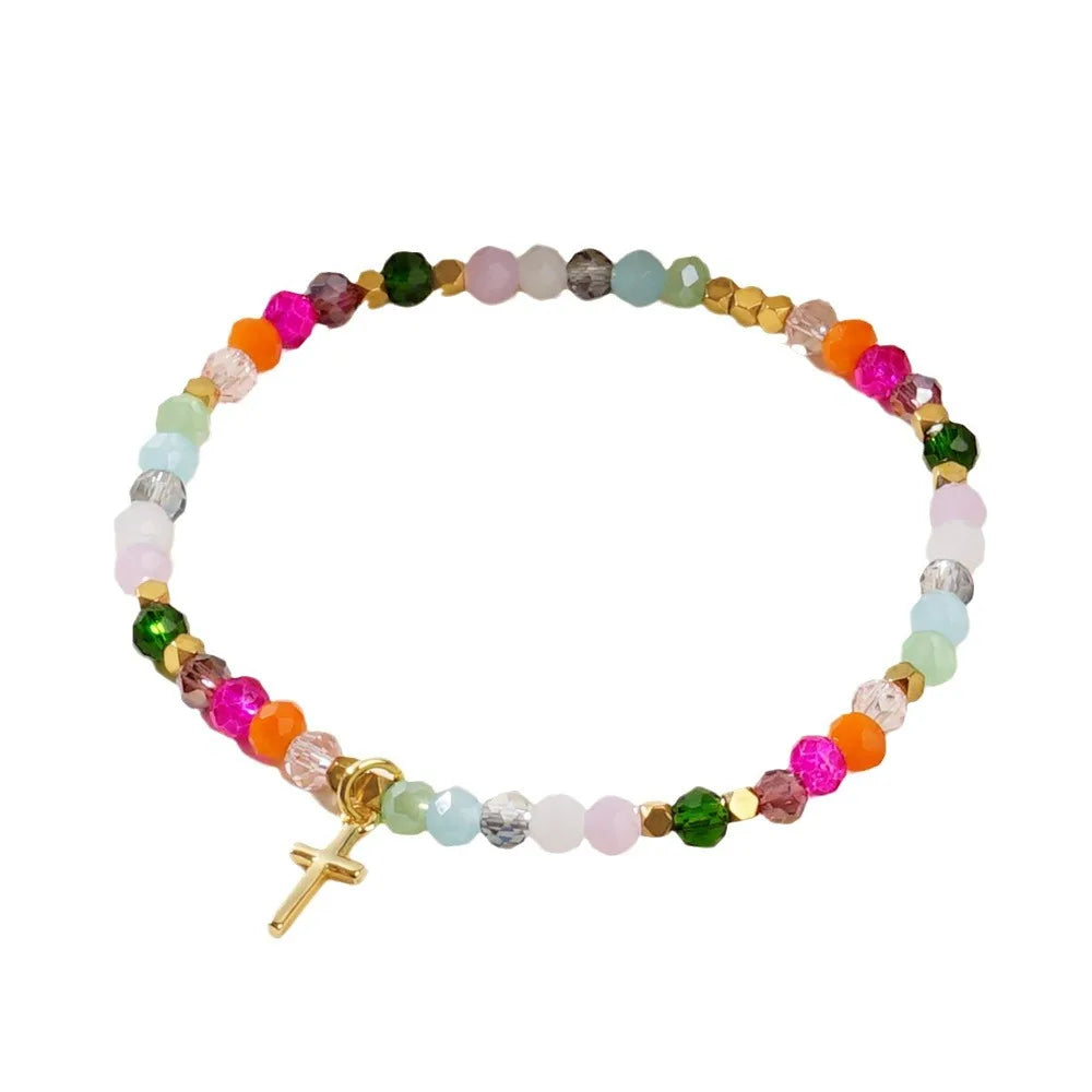 elryCross Square Crystal Beads Bracelet for Women Boho Natural Stone Stretch Beach Jew Multi-Color Religious Baptism Christian Jewelry