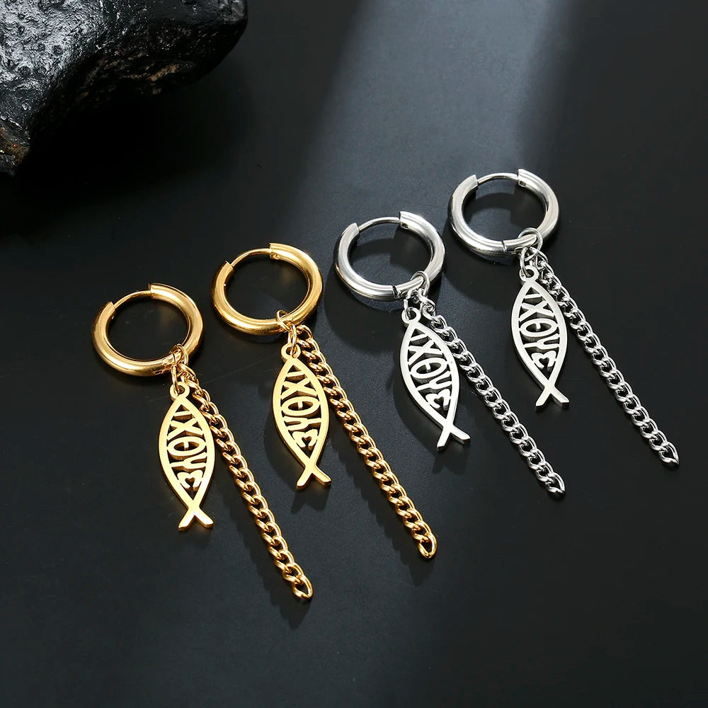 Cross Charm Dangle Earrings Ichthys Jesus Fish Christian Symbol Hoop Earrings Stainless Steel Catholic Amulet