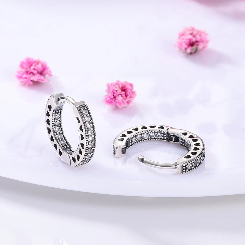 925 Silver Heart & Star Zircon Hoop Earrings