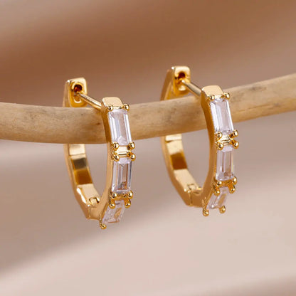 Stainless Steel Gold Heart Zircon Hoop Earrings