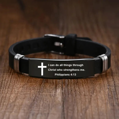 Christian Bible Verse Black Stainless Steel Cross Bracelet