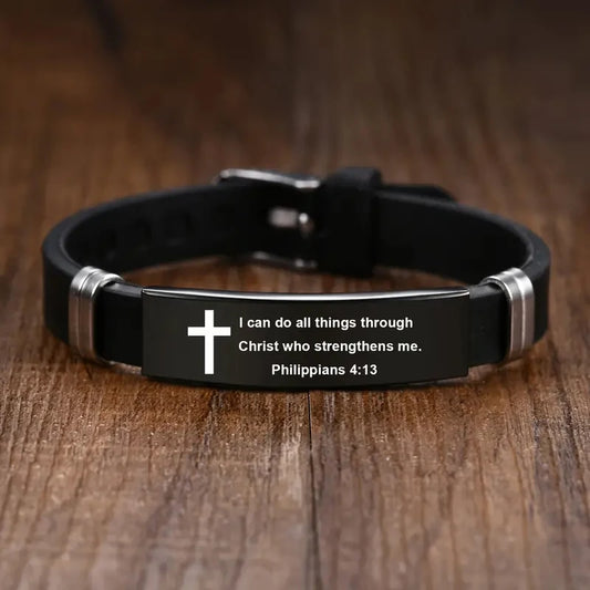 Christian Bible Verse Black Stainless Steel Cross Bracelet