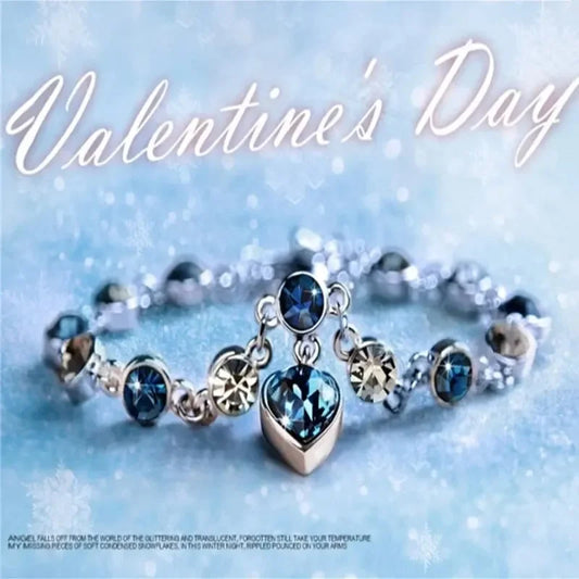 925 Silver Blue Crystal Heart Charm Bracelet for Women