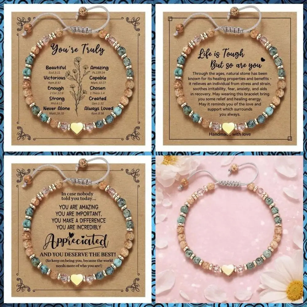 Inspirational Bead Bracelet Gift for Her | Handmade Wish Bracelet with Message Card | Motivational Boho Heart Bracelet