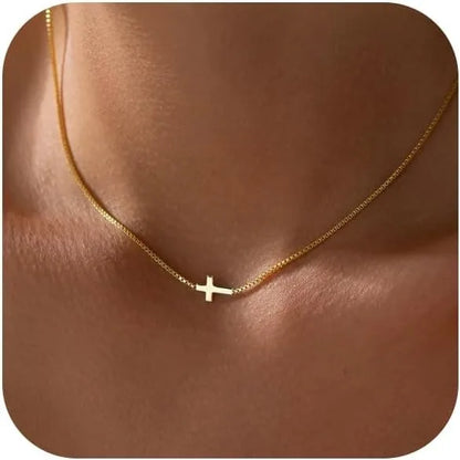 Cross Necklace for Women 14K Gold Plated Small Cross Pendant Choker Simple Trendy Charm Chain Necklace Jewelry Religious Gift