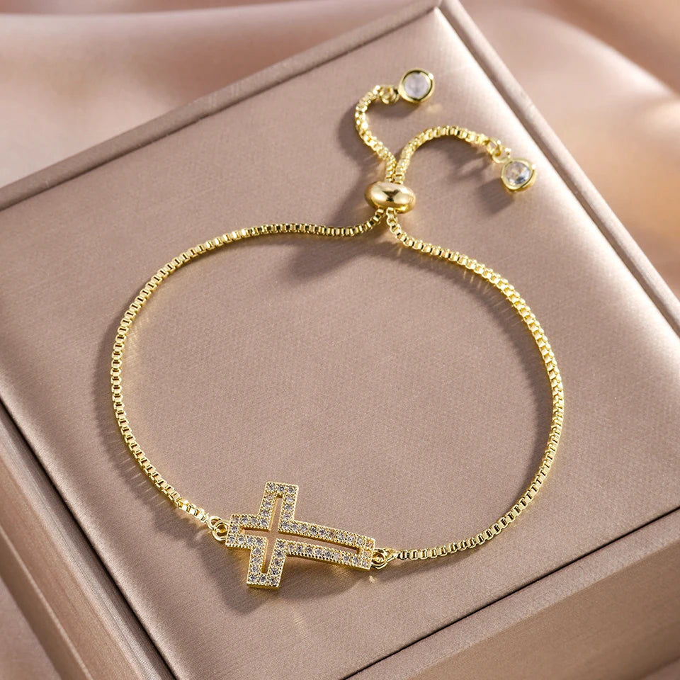 Yupsk Fashion Zircon Crystal Cross Bracelet For Women Adjustable Golden Chain Charm Minimalist Daily Jewelry - Blessings is Here